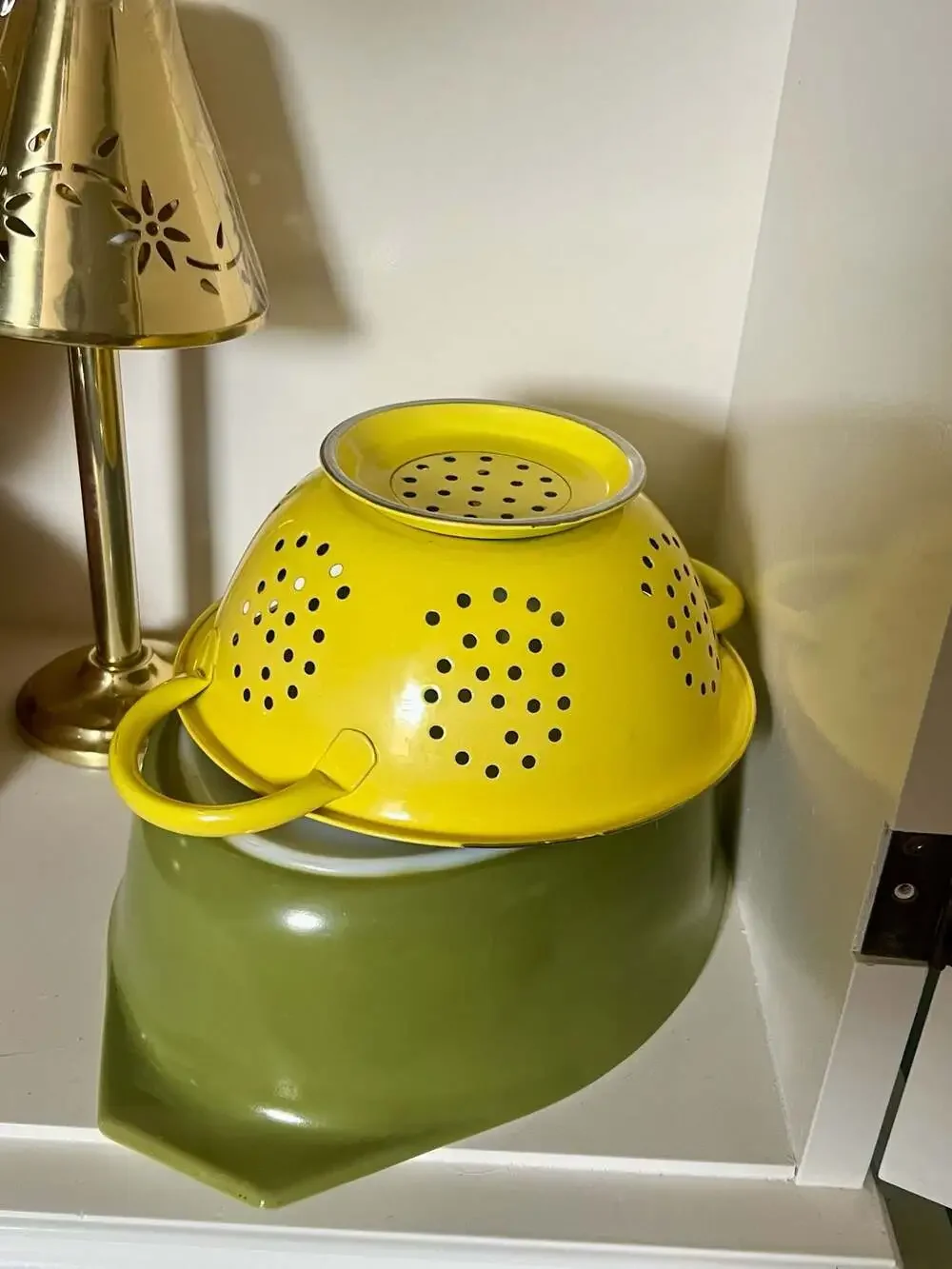 Vintage Yellow Enamelware Pedestal Colander with Black Trim